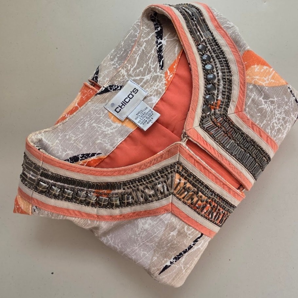 Chicos Embellished Open Front Jacket 2(‎ Med)  Blazer Abstract  3/4 Sleeve